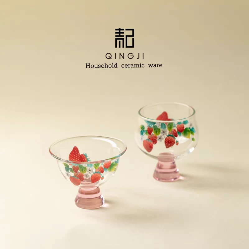 墨己夏日小清新高硼硅草莓高脚圆口杯品茗杯功夫茶具玻璃女士茶杯