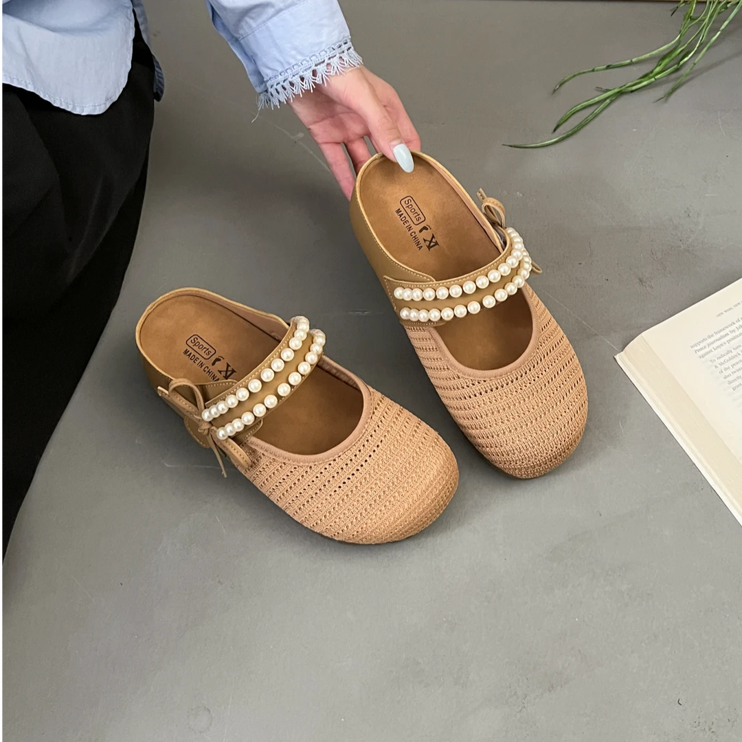 2025年网红同款百搭小众学院风日常纯色低跟包头拖夏季多巴胺穿搭