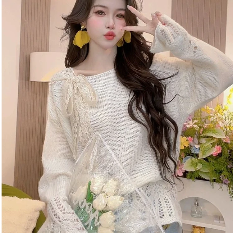 温柔风蕾丝蝴蝶结系带套头毛衣女秋冬新款甜美宽松镂空针织衫上衣
