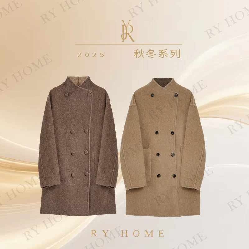 【容雨RYHOME】桑蚕丝+绵羊毛双面穿排扣立领兔毛毛呢大衣253W2491