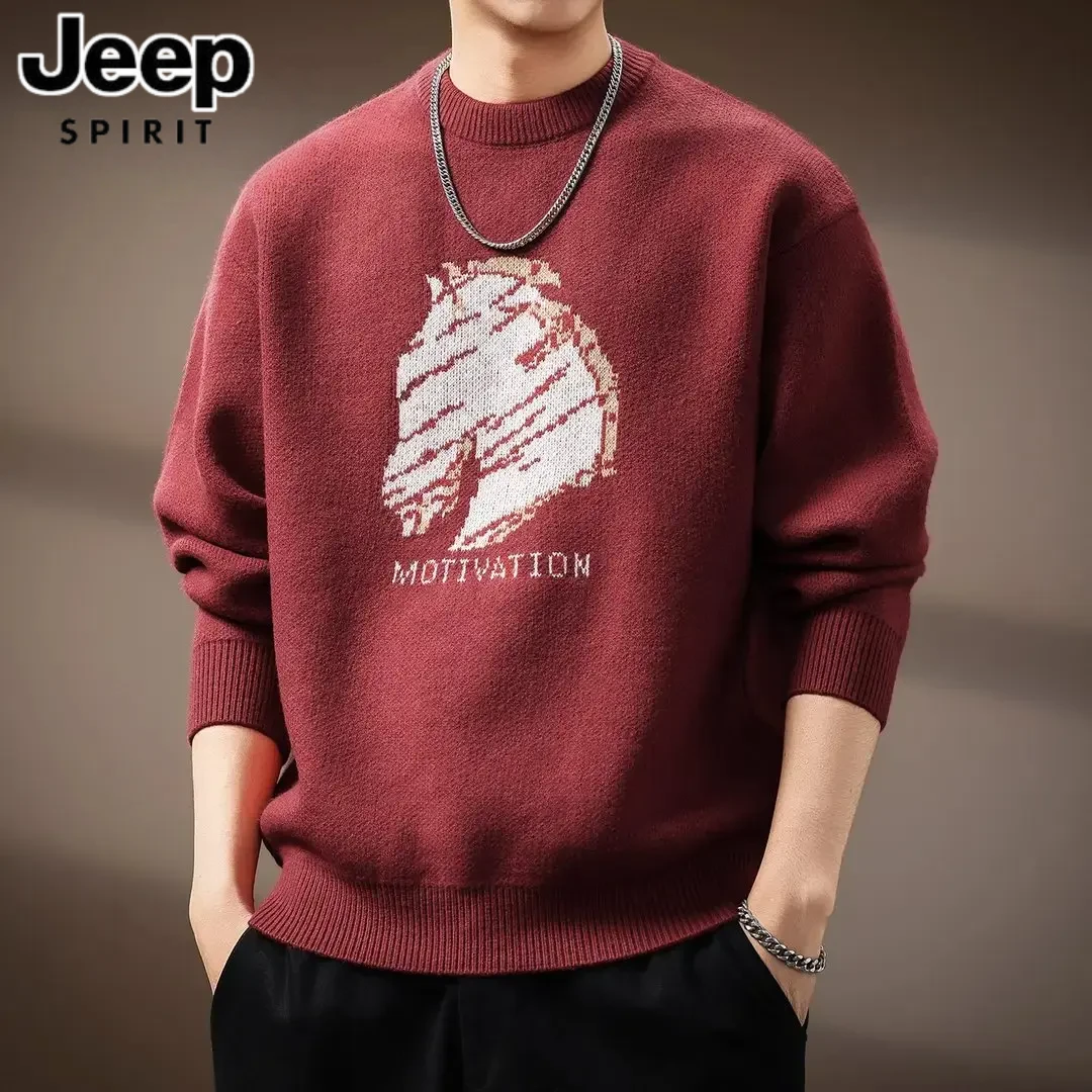 JEEPSPIRIT吉普秋季新款针织衫印花圆领毛衣男士休闲宽松打底衫