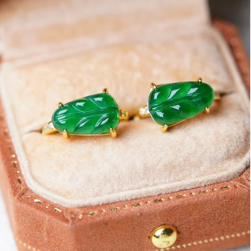 天然A货翡翠S925银叶子耳扣气质时尚精致百搭7*12mm金色
