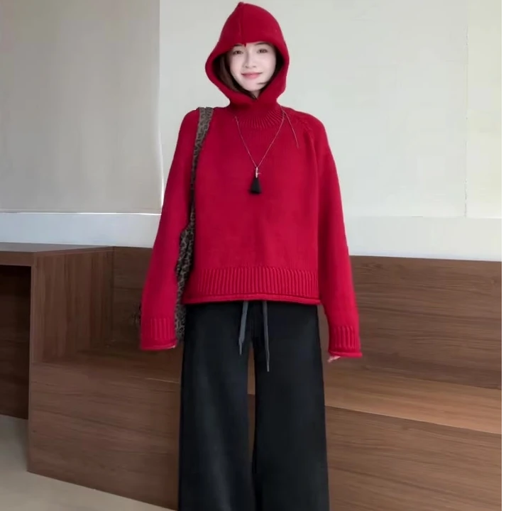 2026秋冬新款韩系气质红色连帽新年氛围感毛衣百搭休闲裤两件套装