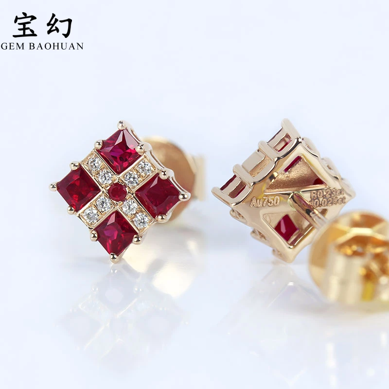 18K玫瑰金天然鸽血红宝石钻石方形四叶草耳钉 火彩好耳环正品女款
