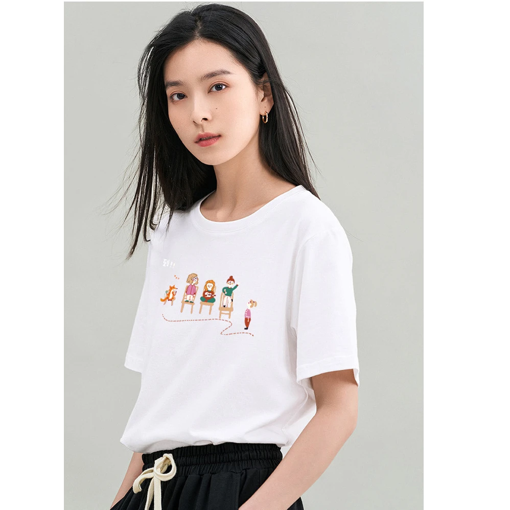 茵曼纯棉短袖T恤女25年夏季天蓝色趣味印花圆领百搭清新休闲内搭
