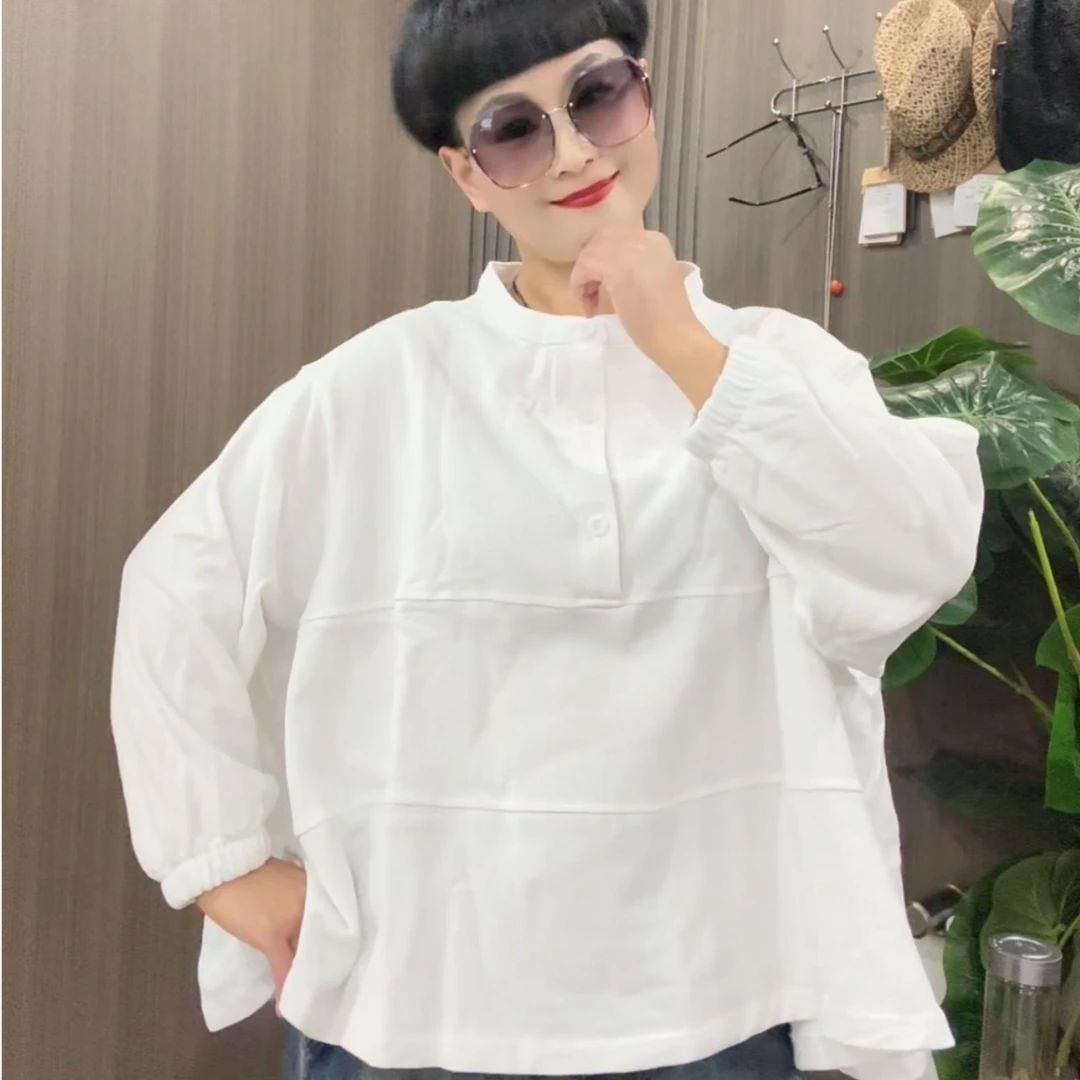 2025单排扣拼接潮流长袖毛圈棉圆领宽松百搭韩版(娃娃衫)