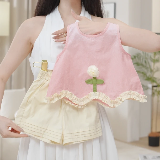 女童夏季新款粉色立体花朵无袖高级感花边裙短裤套装两件套S17257