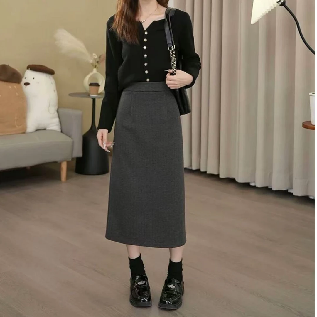 3716*秋冬小个子毛呢裙子时尚高腰开叉中长款A字裙显瘦复古裙长76
