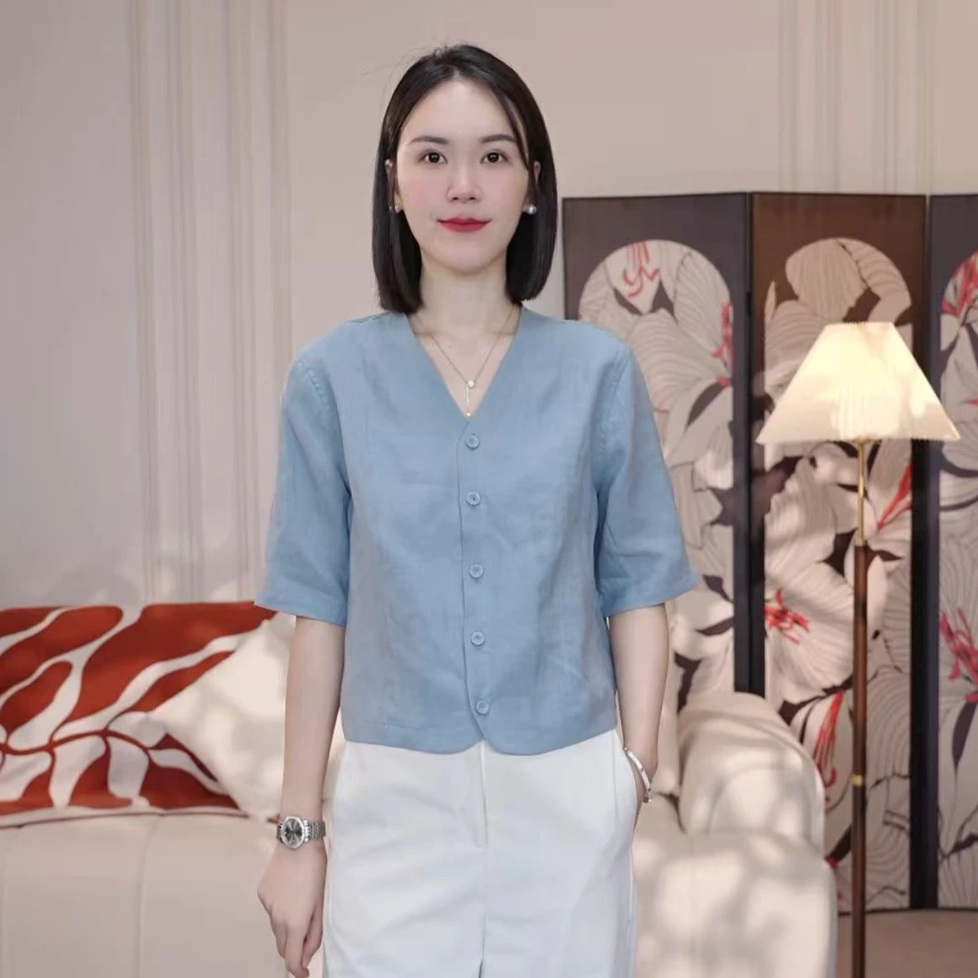 【希希推荐】FX-309新款V领中袖苎麻衬衫气质筒宽松百搭上衣设计感