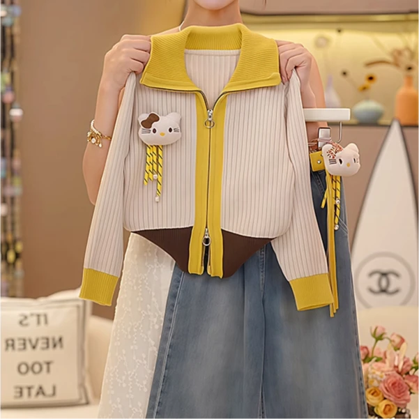 女童翻领拼色针织开衫2025新款春秋款毛线衣长袖打底衫外套翻领潮
