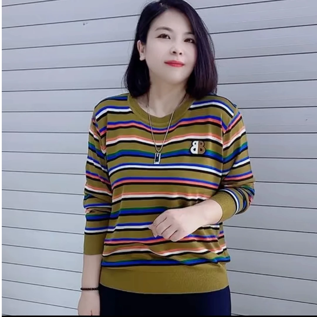圆领大码时尚妈妈春秋新款条纹针织上衣女中年遮肚显瘦长袖毛衣女