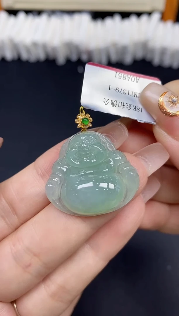 吊坠(不含链)18K金镶嵌翡翠佛公18K金扣镶嵌@@CMT1379-1