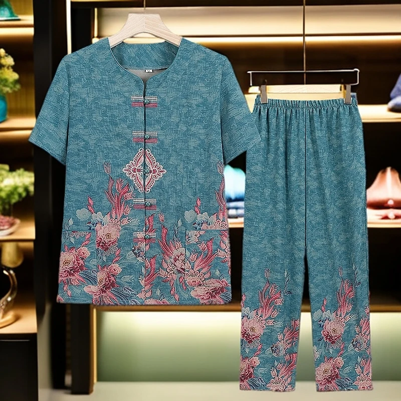 中老年人短袖衬衫女奶奶夏装洋气套装妈妈夏季两件套60岁太太衣服