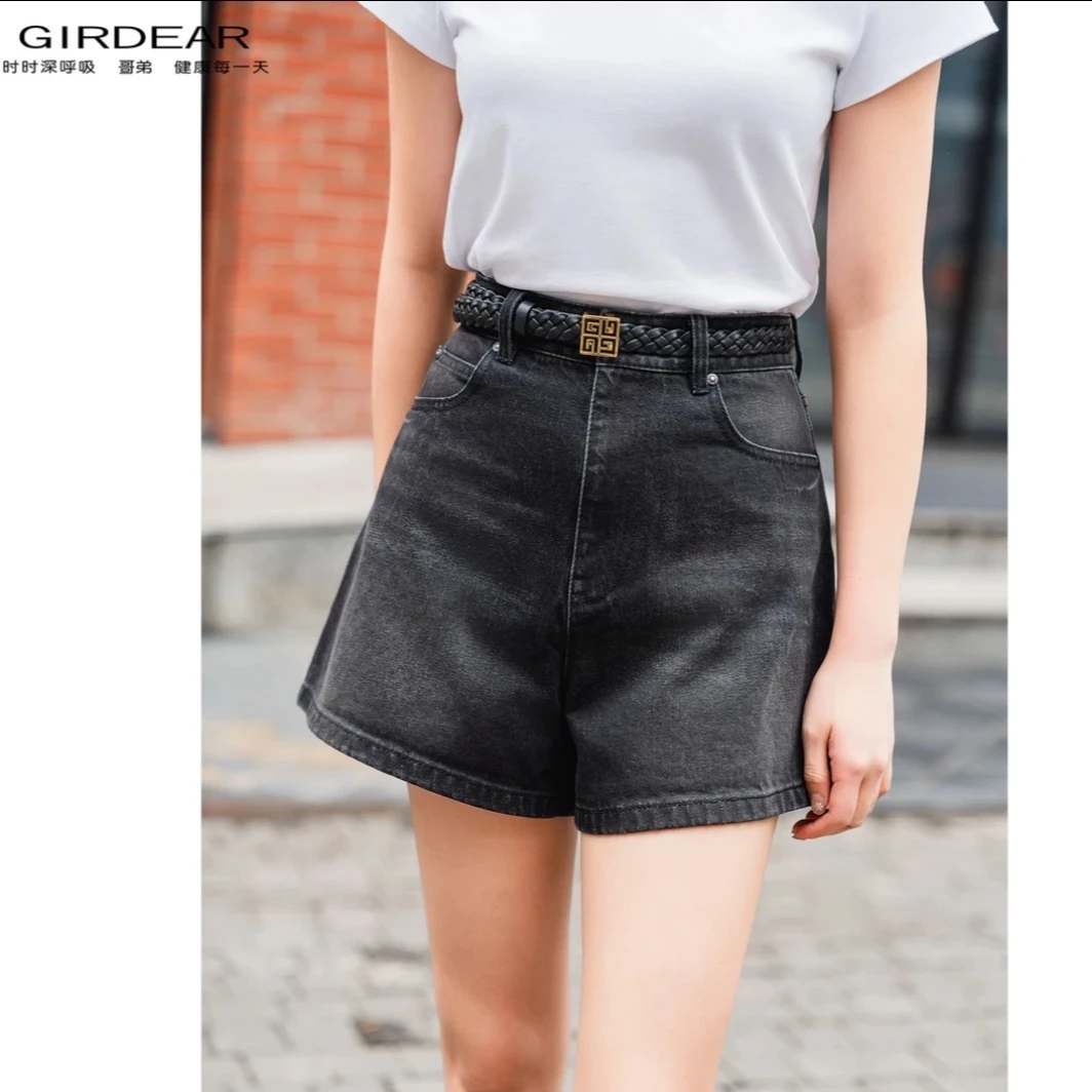 哥弟 时尚高腰水洗直筒显瘦拉链牛仔短裤1100476