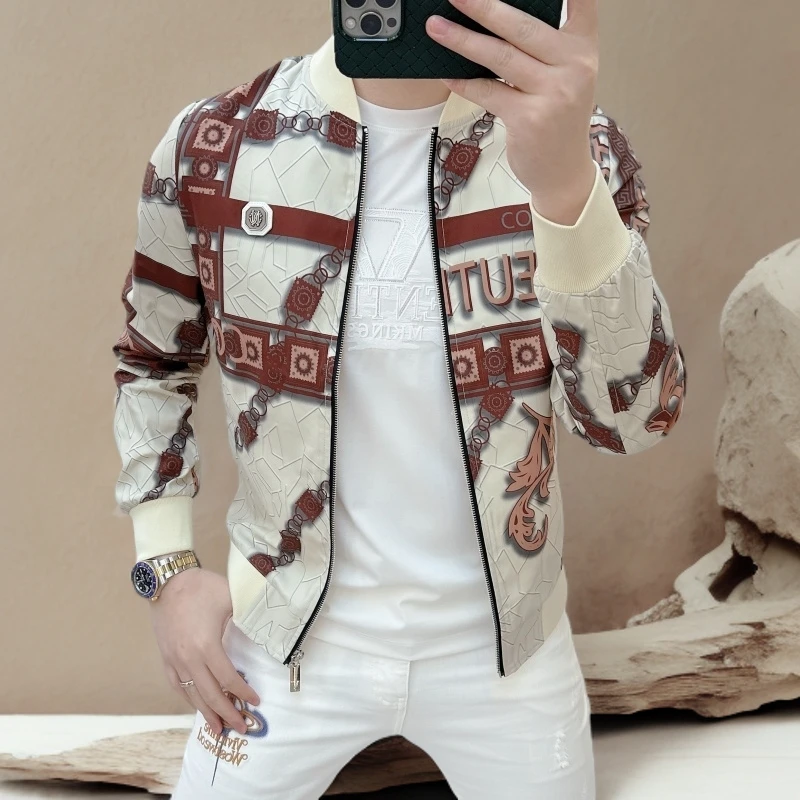 诺顿雷斯春季欧货潮牌个性印花棒球领夹克男时尚修身百搭休闲外套