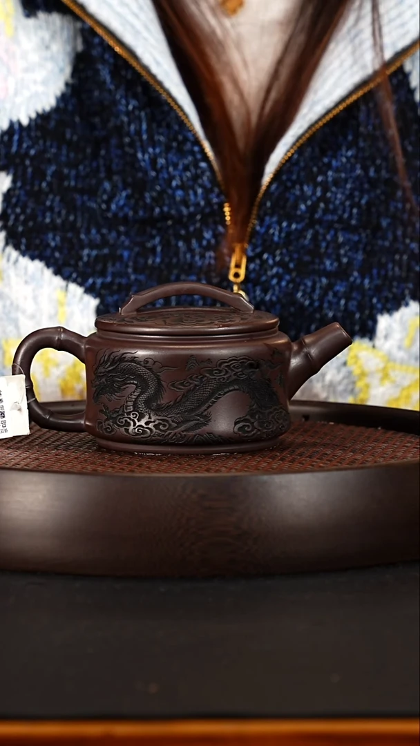 茶壶紫砂 宜兴紫砂壶紫龙血砂竹节汉瓦280cc