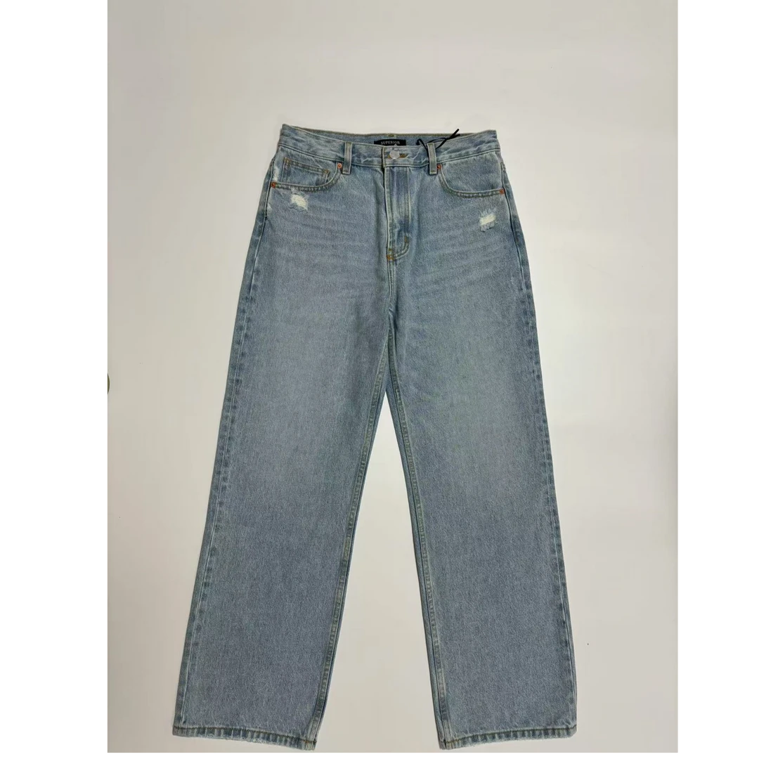 浅色洗水直筒裤硬挺无弹小众设计牛仔裤