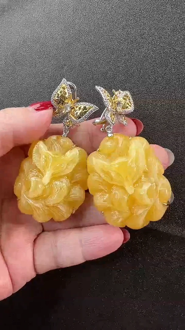 【闪购商品】琥珀耳饰银S925镶嵌耳环