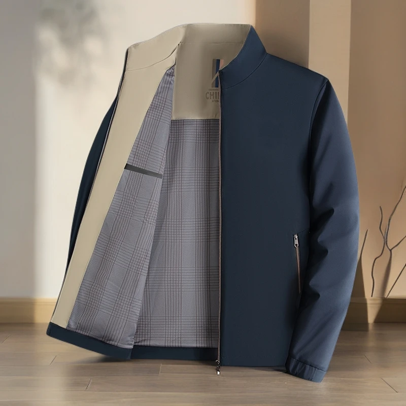 新款商务休闲夹克衫高档春秋款时尚开衫立领户外外套中年爸爸装
