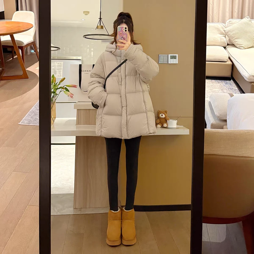 802气质连帽款方格中长款棉服外套