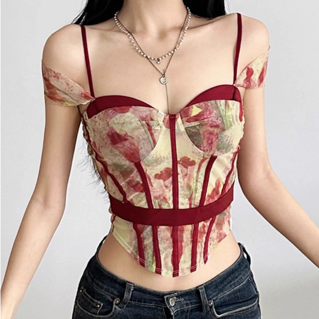 多巴胺碎花吊带背心女外穿夏泰式辣妹一字肩网红时尚炸街新款女装