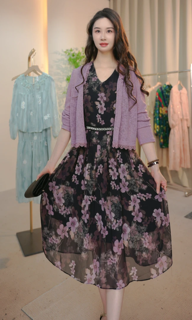 外披+背心裙2025春季薰衣草紫色温柔风穿搭女人味印花连衣裙