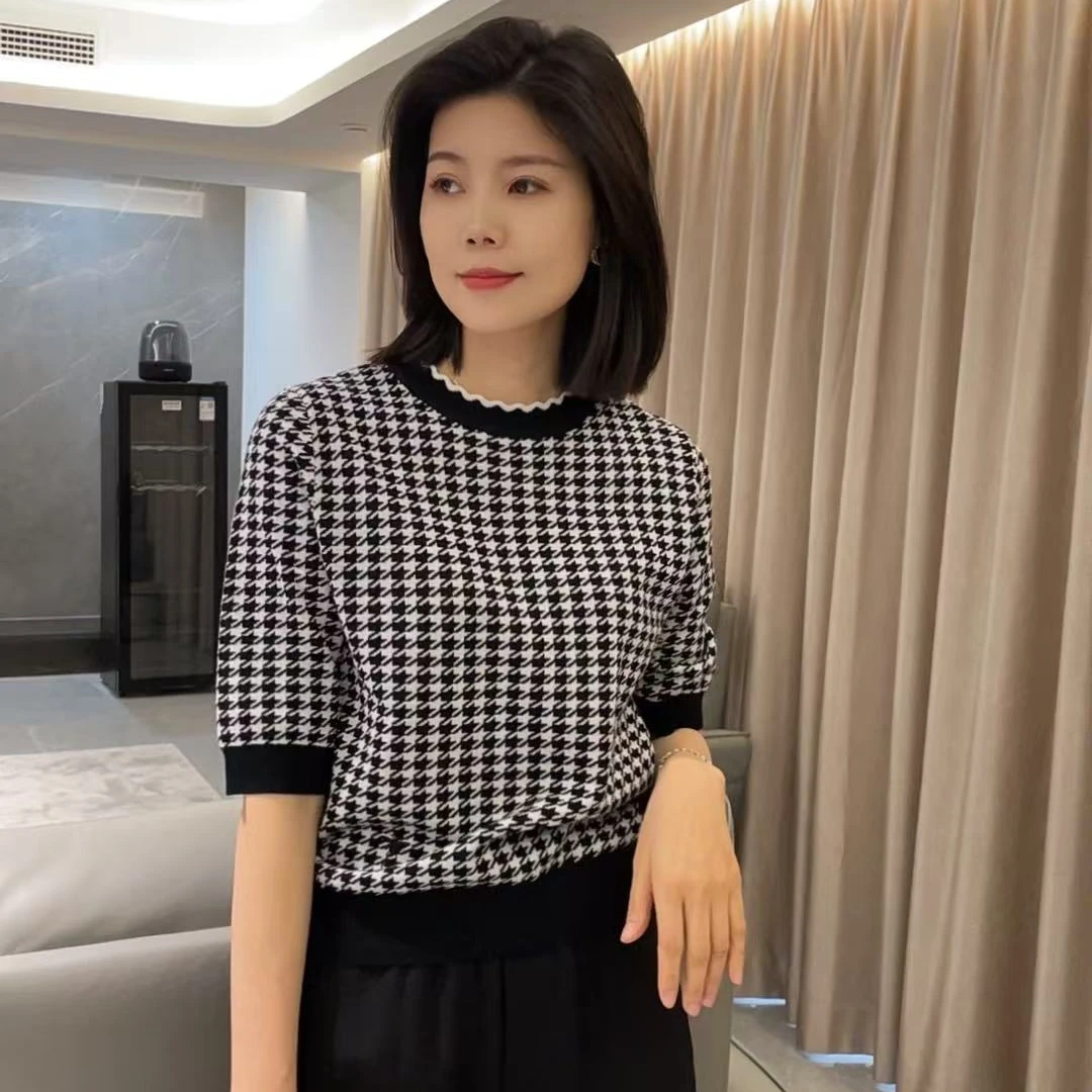 JY25春季春游时尚简约百搭黑白中袖千鸟格套头圆领毛衣针织
