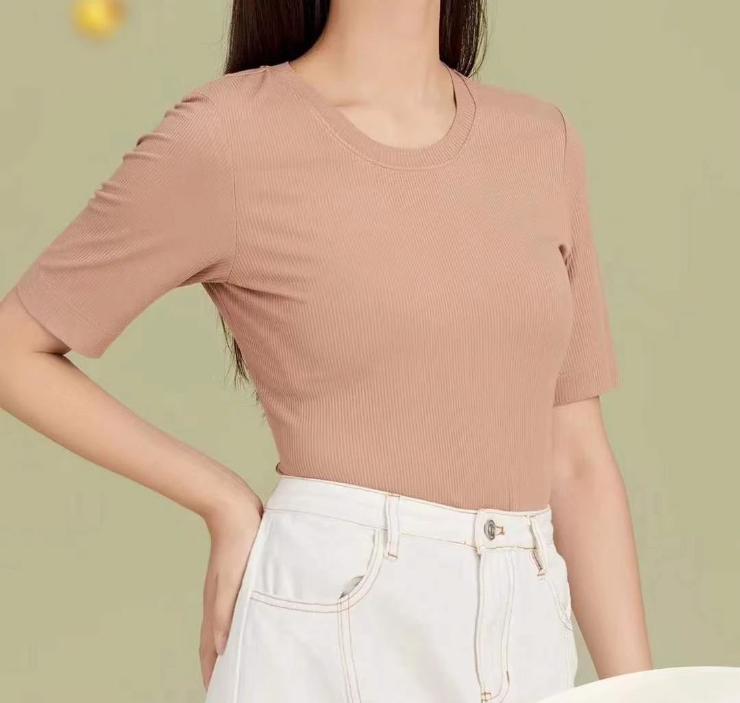 【岳姐姐专属】夏季新款蚕丝蛋白罗纹圆领女士短袖单衫纯色T桖6316