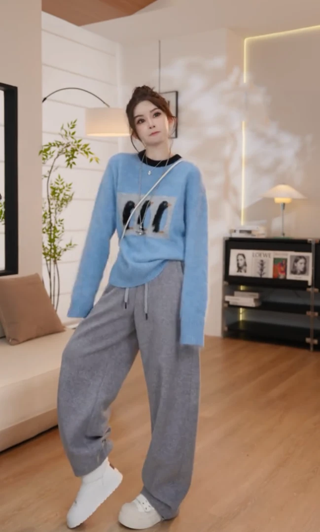 2025秋冬新款拼色卡通企鹅套头针织衫女时尚减龄百搭休闲软糯毛衣