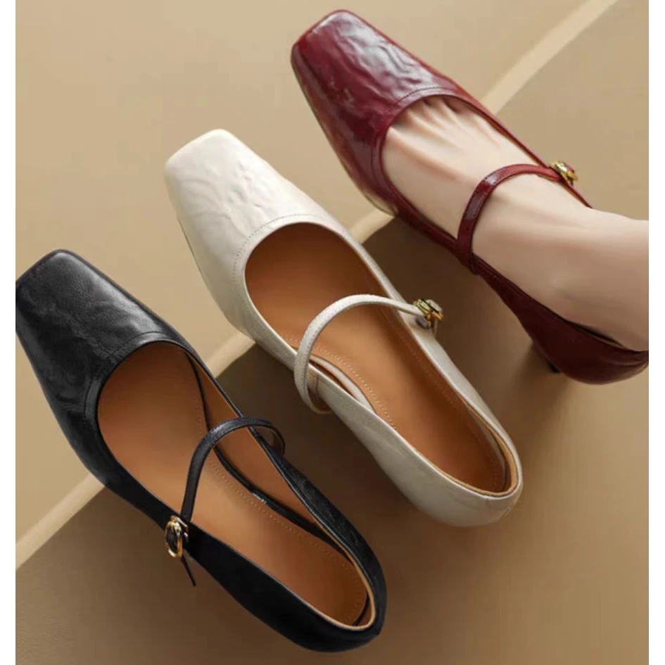 气质百搭！头层羊皮浅口真皮单鞋女方头法式复古玛丽珍鞋猫跟鞋子