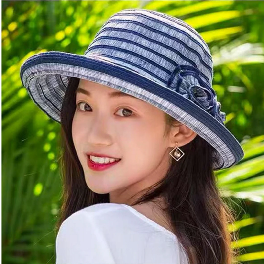 123号，玫瑰蝴蝶结户外休闲女士夏天夏季遮脸百搭季条纹遮阳帽