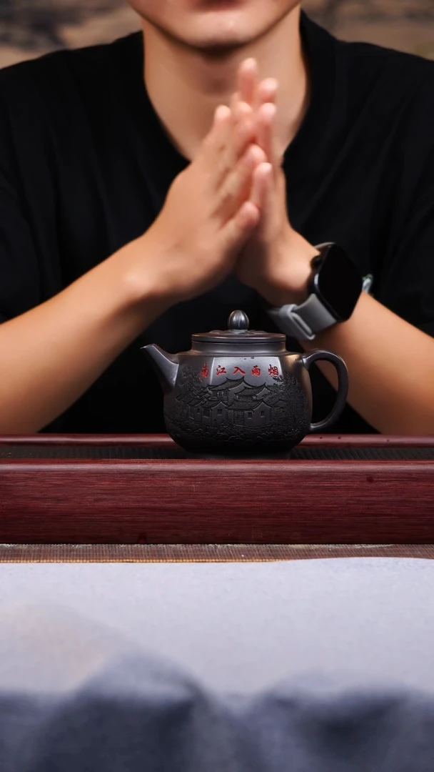 宜兴手工紫砂作品 乌泥 六方 烟雨江南