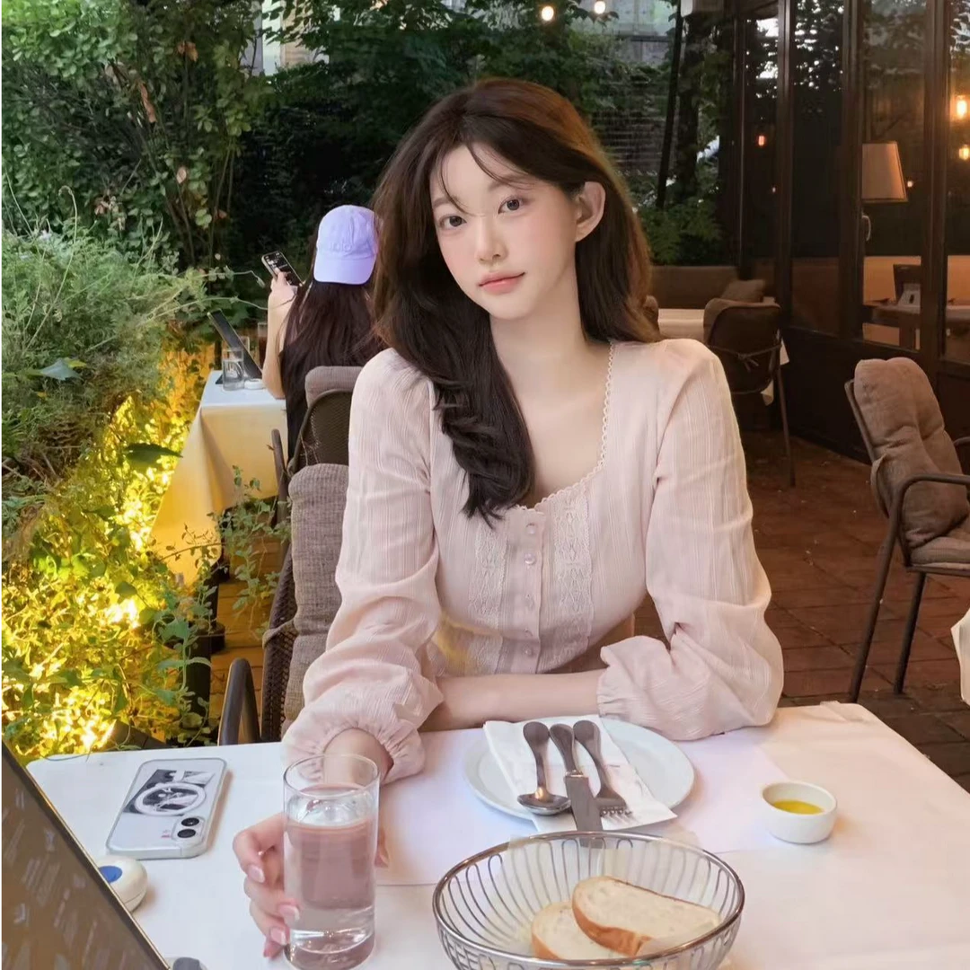 甜粿妹妹 韩系早秋小香风上衣收腰显瘦蕾丝粉色方领长袖衬衫