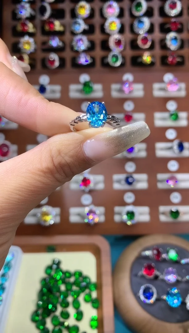 银S925镶嵌戒圈海蓝宝石79白鸟巢切