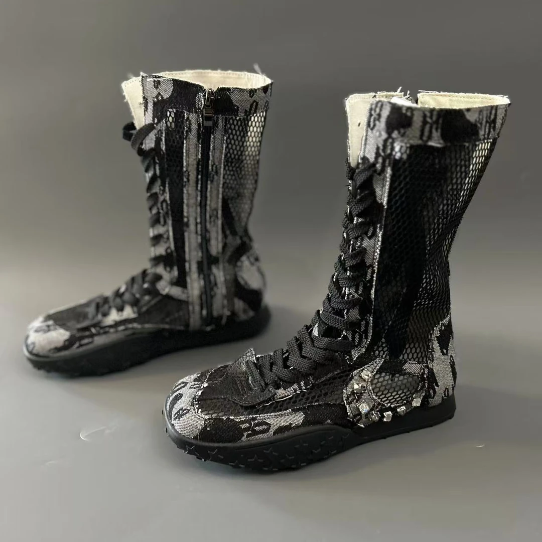 瘦瘦靴星星靴夏款透网迷彩灰白水洗牛仔仙气飘飘钻钻靴跟高3厘米i