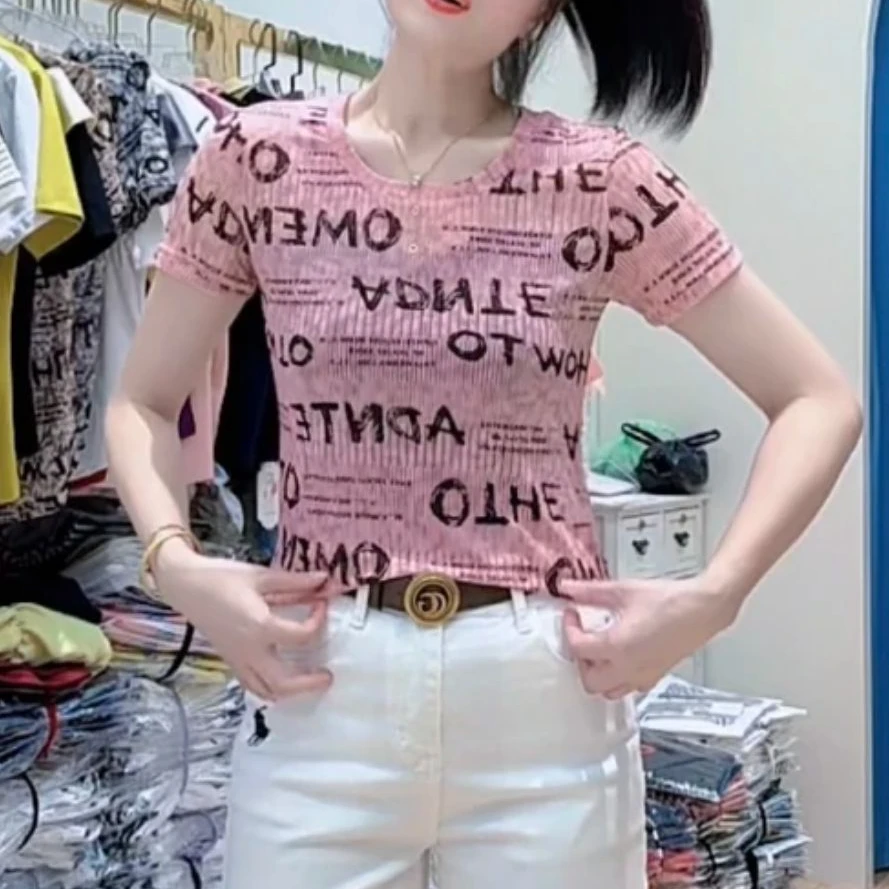 欧货2025夏季款晕染字母印花短袖T恤女薄款冰丝圆领洋气显瘦上衣