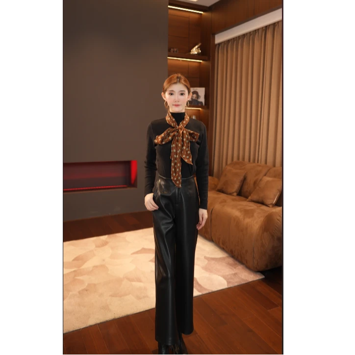 【晚晚】真皮女裤绵羊皮阔腿裤九分裤高腰直筒百搭皮裤