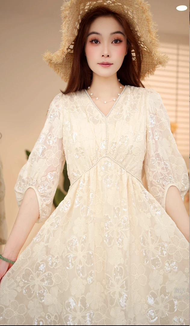 【YM】春季新款满身刺绣绣花高级感百搭显瘦连衣裙