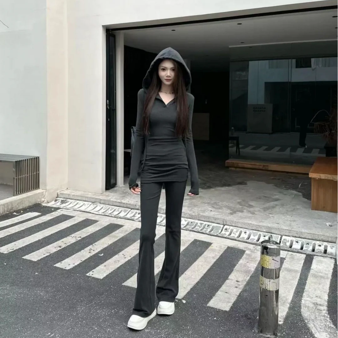 休闲套装女春季美式连帽套头卫衣微喇显瘦修身喇叭裤辣妹两件套