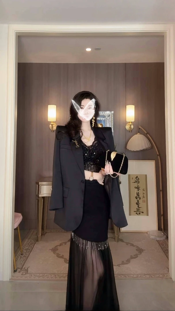 【雅乔定制】肌肤之花 网纱拼接针织黑色半身裙长裙DYYK-24081986