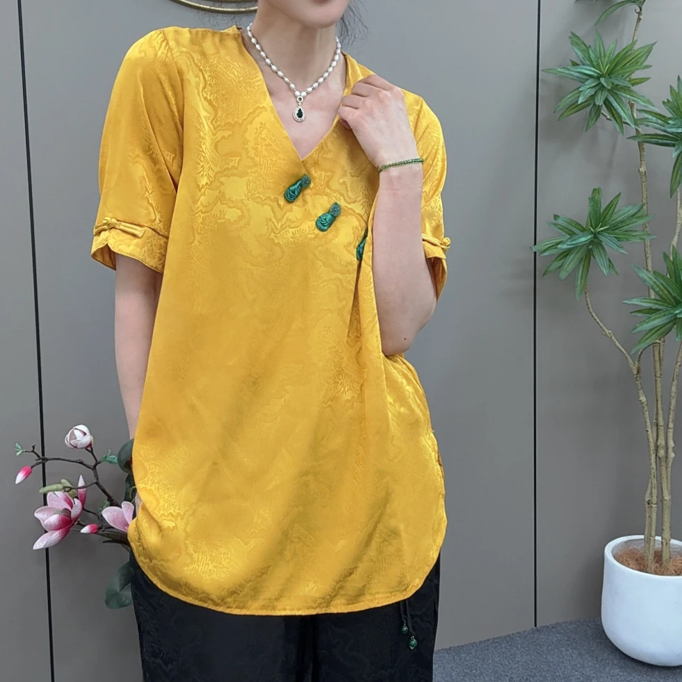 一涵家2025春款新中式提花盘扣V领国风短袖时尚上衣夏季中国风