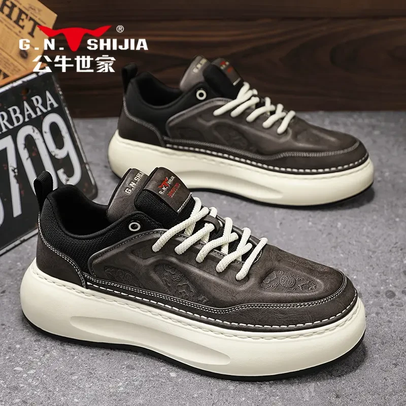 公牛世家老爹鞋男款春季2025爆款皮面防水厚底增高户外休闲运动鞋