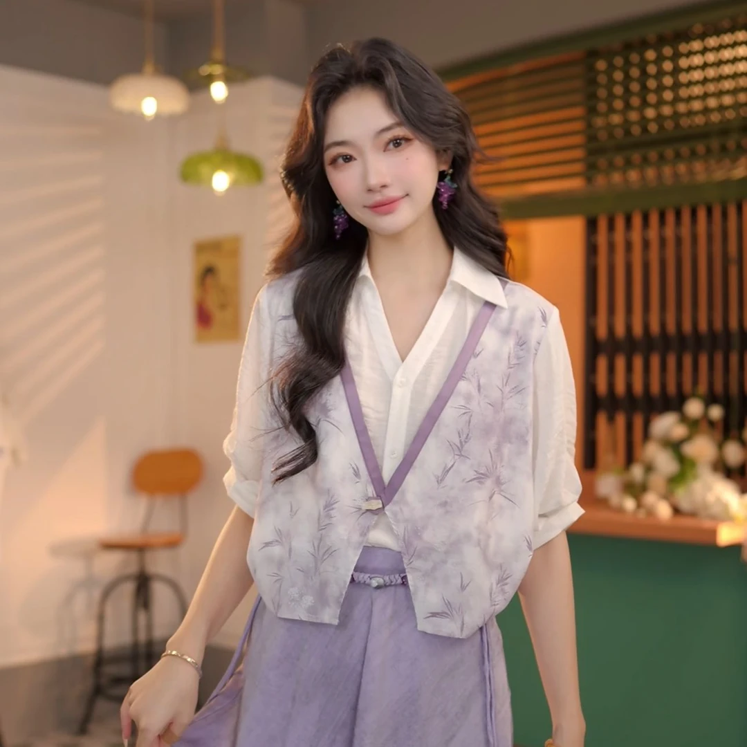 丁佳欣【花舞】气质通勤假两件短袖女宽松休闲上衣DS1113442