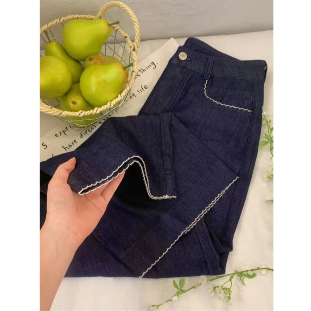 防掉色丹宁蓝冰丝凉感刺绣花边阔腿裤夏季新款高腰显瘦九分牛仔裤