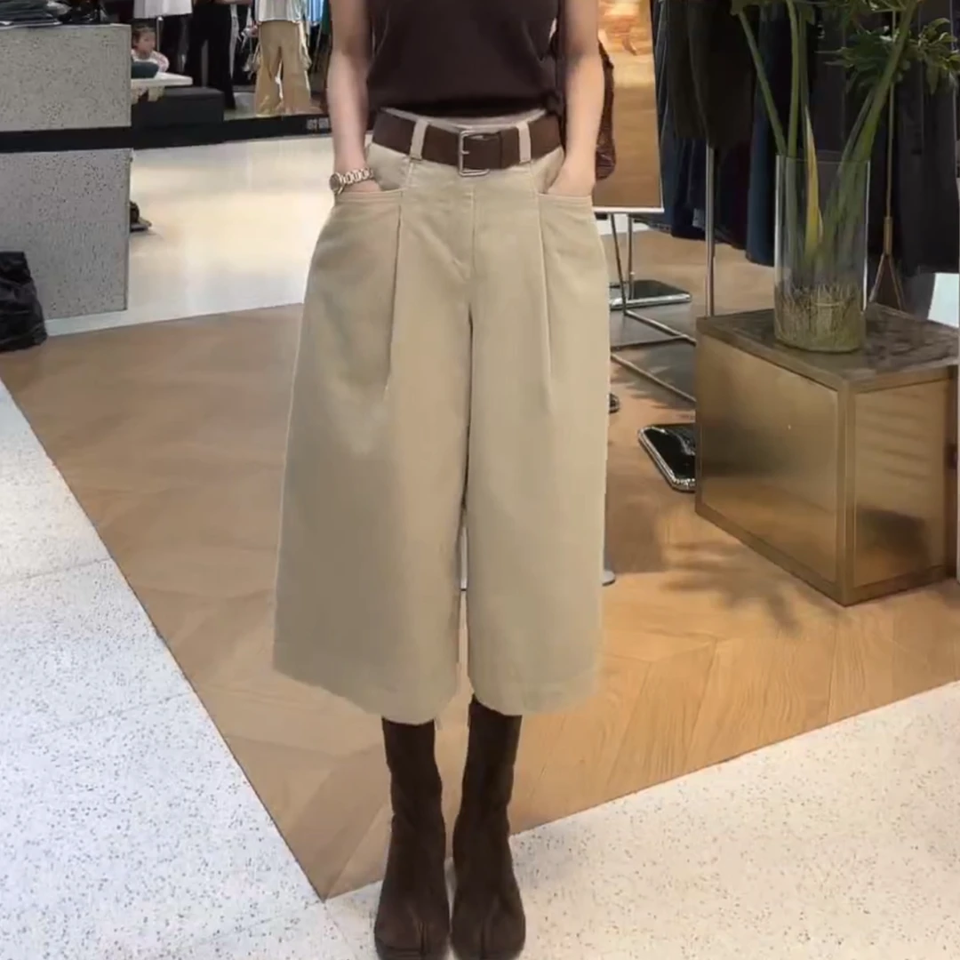 时髦精必备卡其裤 质感捏褶条绒八分阔腿裤显瘦复古女LK2506465