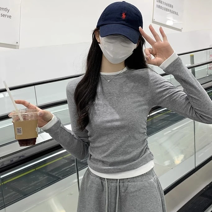 辣妹小众别致圆领撞色假两件显瘦气质长袖T恤女春秋新款灰色上衣