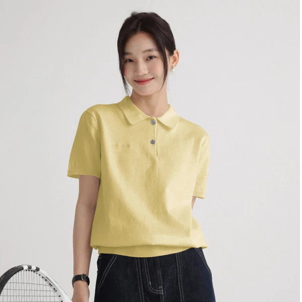 鹅黄色上衣针织短袖学院风夏POLO领法式短袖冬季毛衫通勤宽松透气