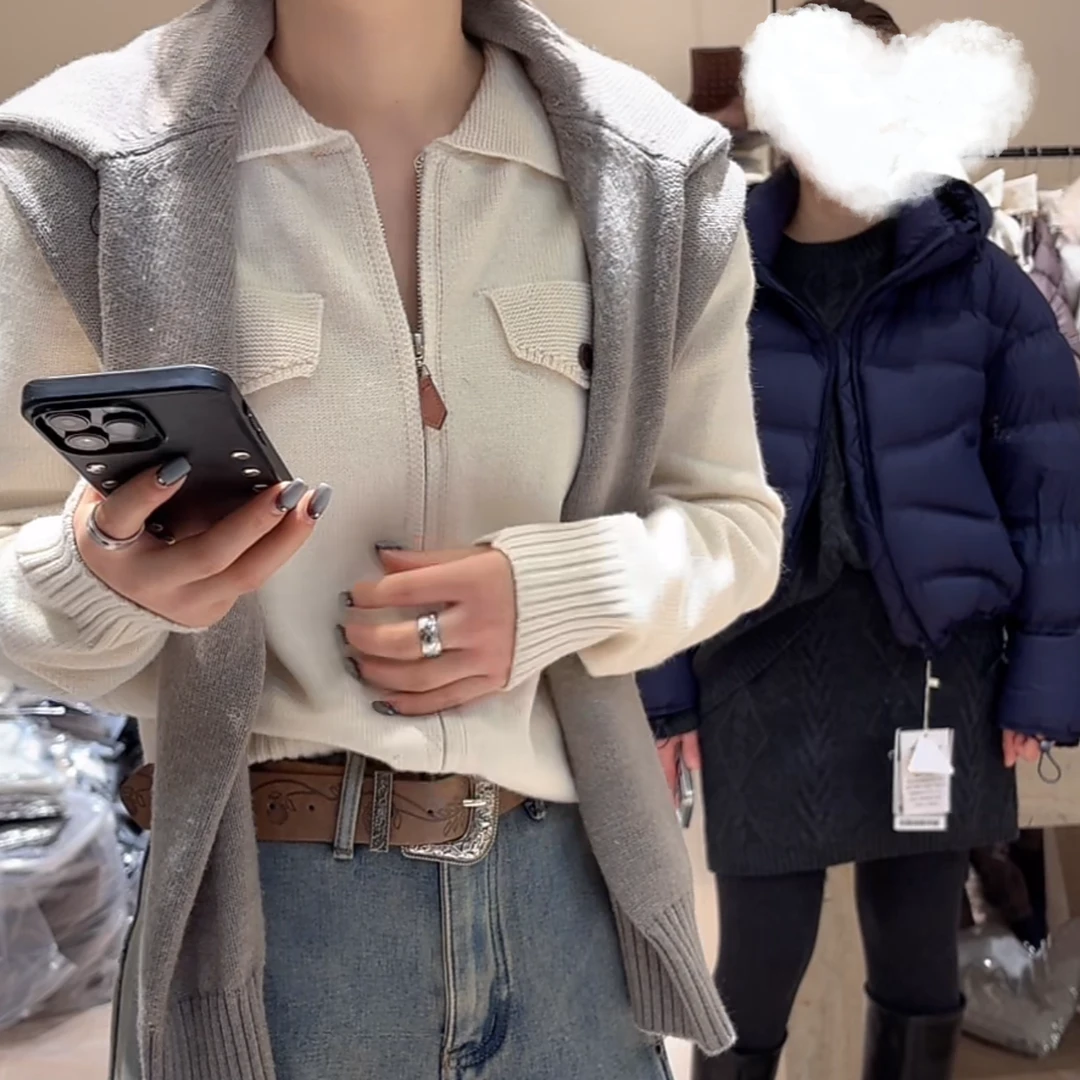 设计感翻领双口袋拉链针织开衫冬季2025新款时尚纯色百搭毛衣外套