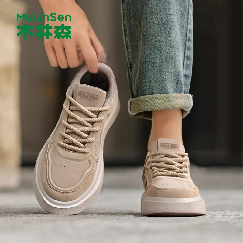 木林森男鞋休闲板鞋男款2025新款秋季透气运动鞋男士皮面增高鞋子