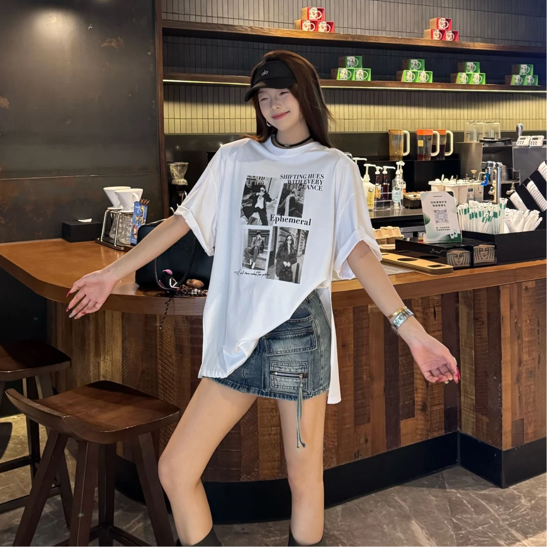 CAN CAN【时尚开叉】百搭轻奢圆领印花短袖T恤